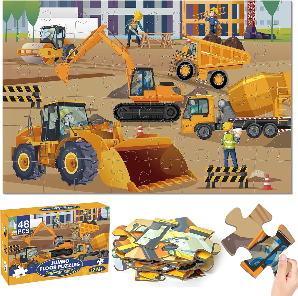 Rompecabezas de suelo jumbo para niños de 4 a 6 años, rompecabezas de 48 piezas de vehículos de ingeniería grandes, juguetes de aprendizaje preescolares de cartón extra grueso para niños de 3 a 5 años, regalo educativo para niños y niñas de 3, 4, 5, 6, 7,