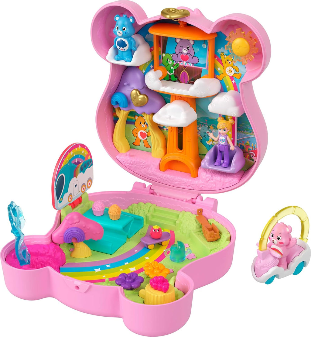 Polly Pocket x Care Bears Muñecas y Set de Juego con Auto de Juguete y Accesorios Temáticos, Juguete de Viaje, Compacto de Colaboración