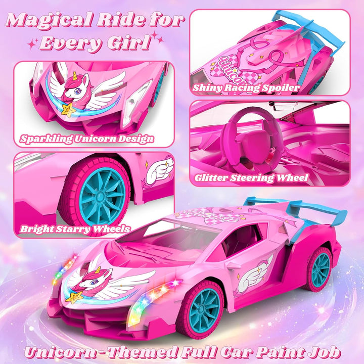 Auto RC de unicornio para niñas, auto de control remoto Rainbow Glo...
