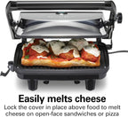 Hamilton Beach Parrilla eléctrica Panini Press con tapa de bloqueo, se abre 180 grados para cualquier grosor de sándwich (25460A) Rejillas antiadherentes de 8 "x 10" Acabado cromado, mediano