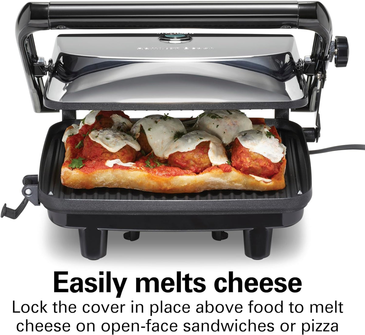 Hamilton Beach Parrilla eléctrica Panini Press con tapa de bloqueo, se abre 180 grados para cualquier grosor de sándwich (25460A) Rejillas antiadherentes de 8 "x 10" Acabado cromado, mediano