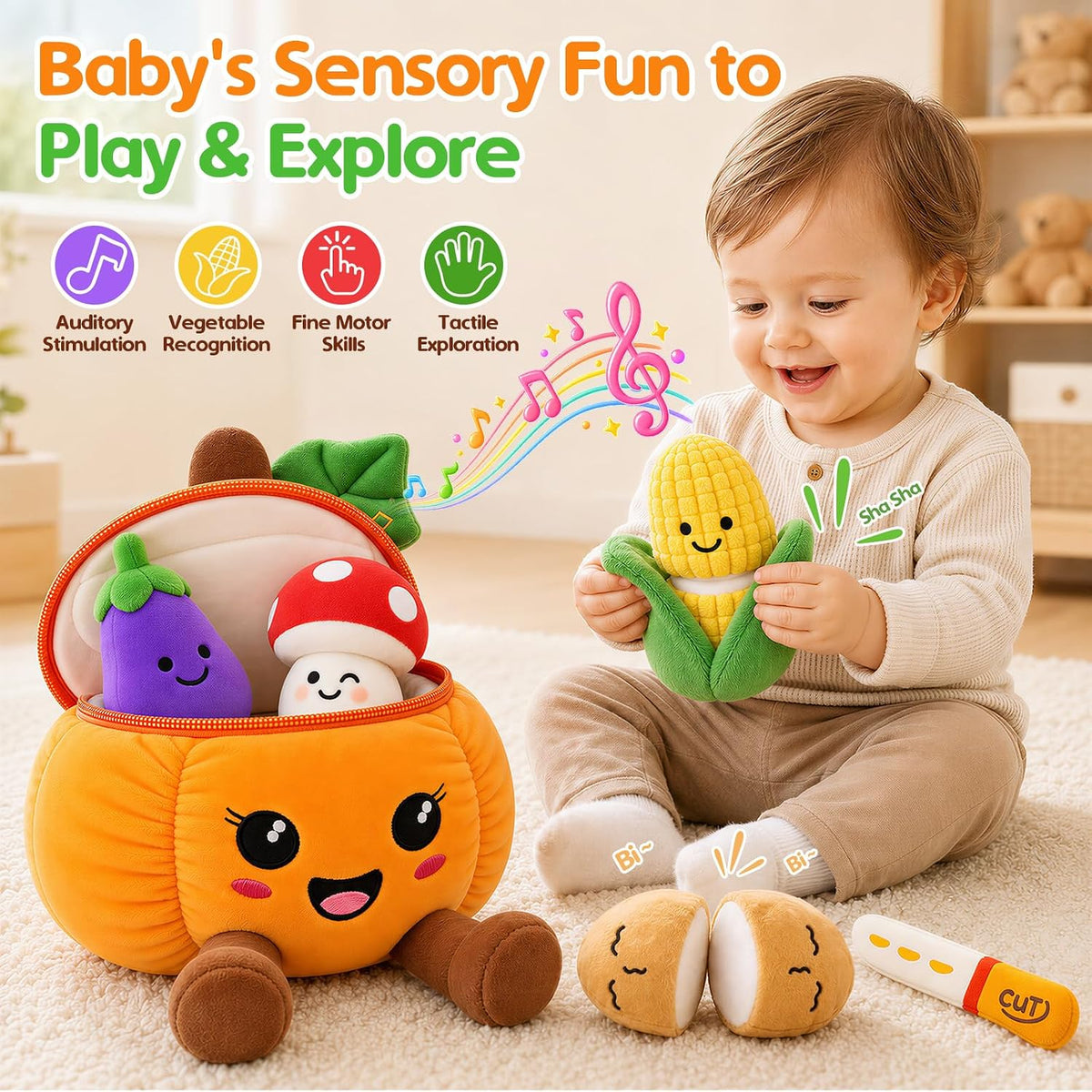 Juguetes sensoriales musicales, juguetes Montessori para bebés de 1 año de edad, frutas y verduras, 6 unidades | Juguete de peluche Montessori sensorial para jugar, juguete de aprendizaje con texturas