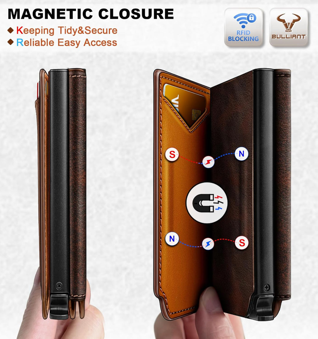 BULLIANT Billetera de cuero para hombre, tarjetero con clip para di...