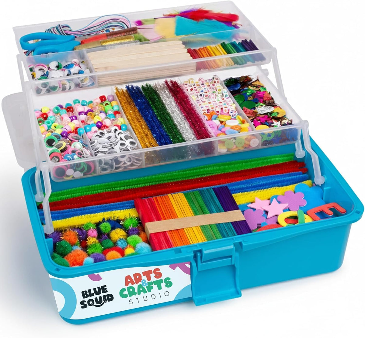 Caja de Artes y Manualidades Blue Squid (Azul) - Caja de Suministros de Manualidades Deluxe de más de 2800 piezas, 2 Cajones, 18 Compartimentos, Mango Resistente - Kit de Artesanía para Regalos de