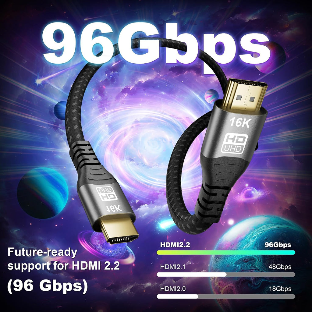 Cable HDMI 2.2 de 16K 10K 8K 96 Gbps 5 pies, cable HDMI® de ultra alta velocidad 16K 30Hz 8K/120Hz 4K 240HZ eARC HDCP 2.2 y 2.3 HDR10+ Dolby compatible con PS5 PlayStatio5 TV PC Monitor Xbox Series