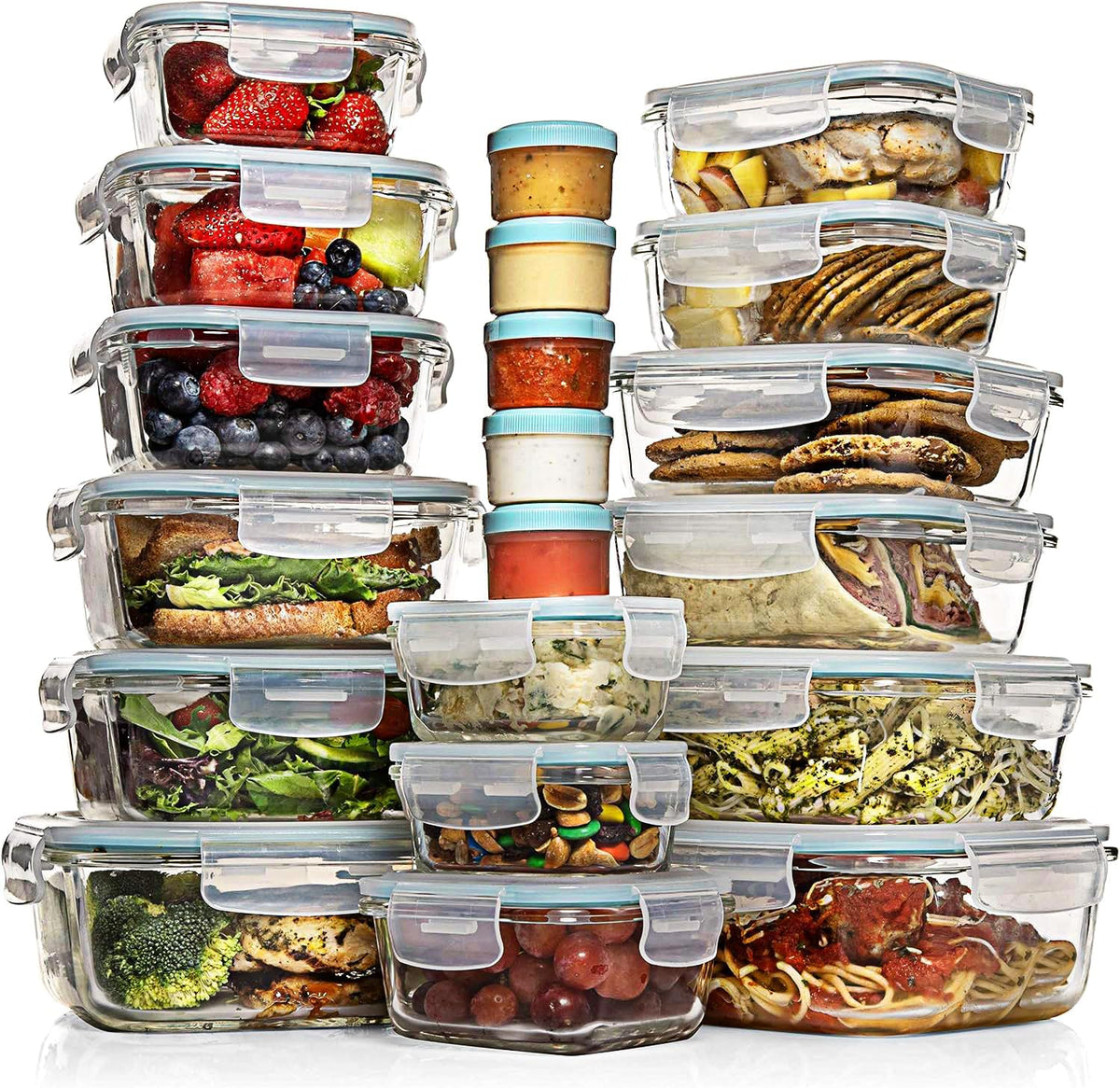 Razab Juego de 35 recipientes de vidrio para almacenamiento de alimentos con tapas, cajas Bento herméticas para preparación de comidas, sin BPA, 100% a prueba de fugas (15 tapas, 15 vasos y 5