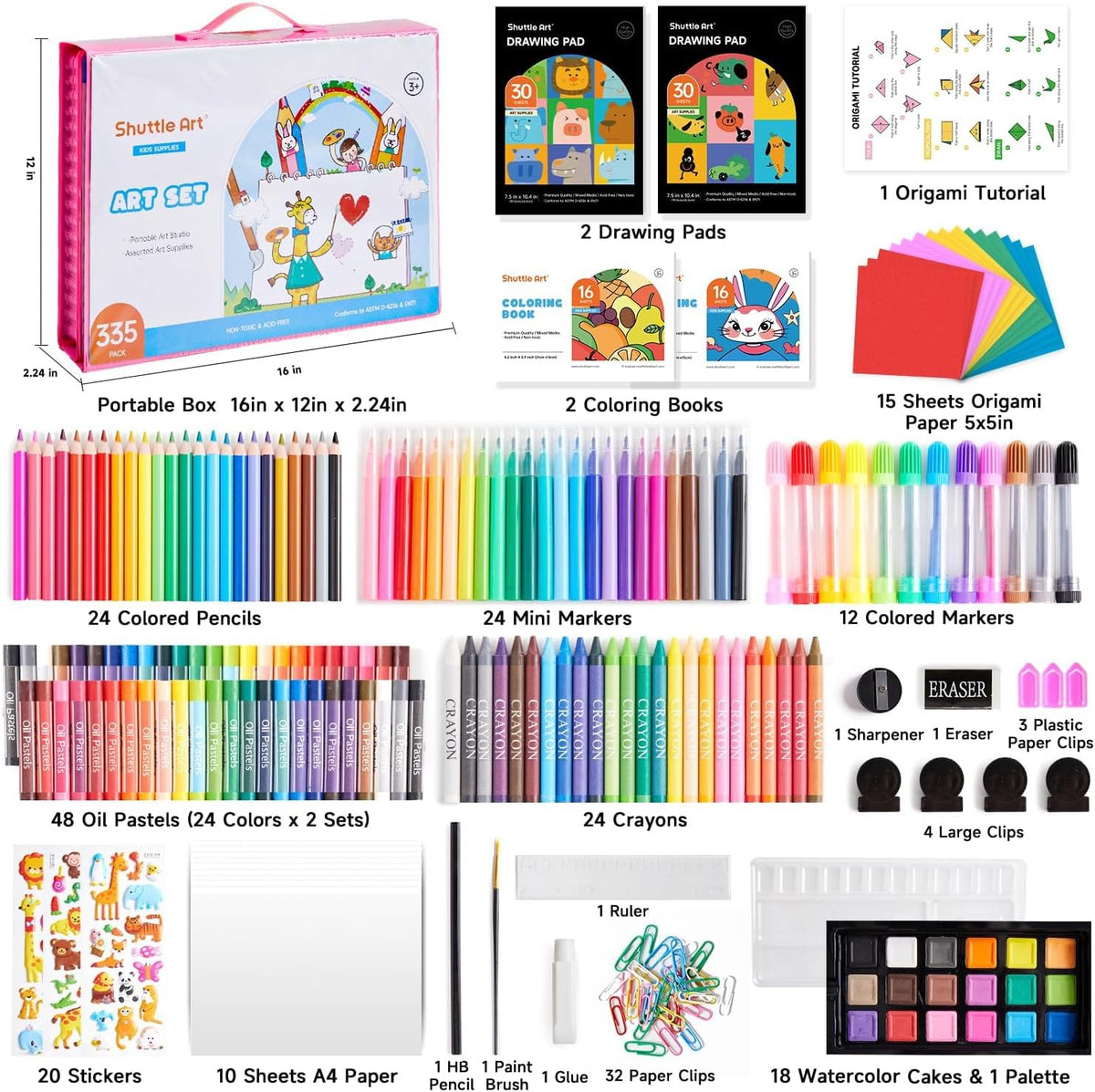 Shuttle Art Juego de arte para niños de 335 piezas, suministros de arte multimedia, kit de arte de regalo con caballete triple, 2 blocs de dibujo, 2 libros para colorear, pasteles al óleo, crayones y
