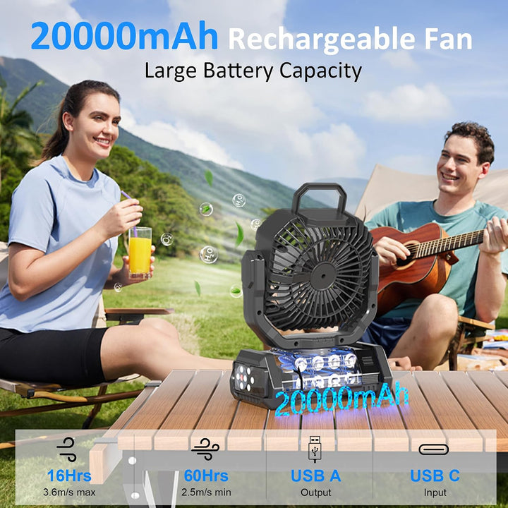 Honesorn - Ventilador de camping recargable de 20000 mAh con LED y...