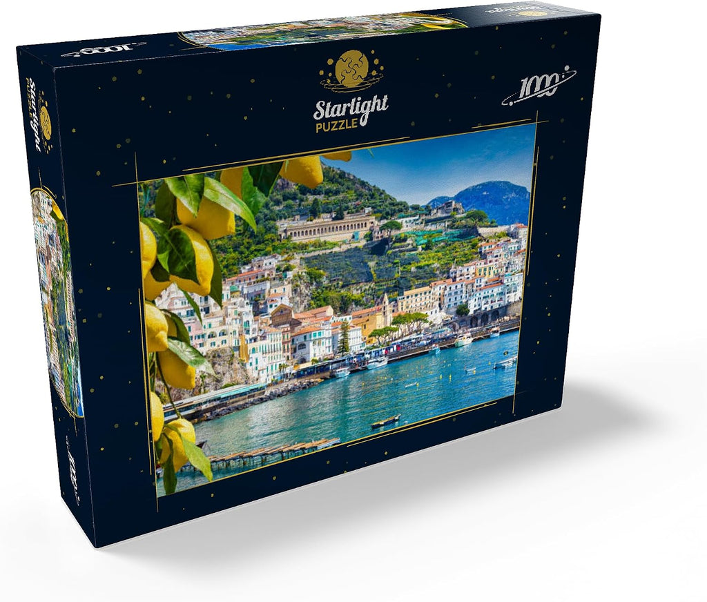 MyPuzzle - Vista panorámica de la hermosa Amalfi en colinas que conducen a la costa, Campania, Italia, rompecabezas premium de 1000 piezas para adultos