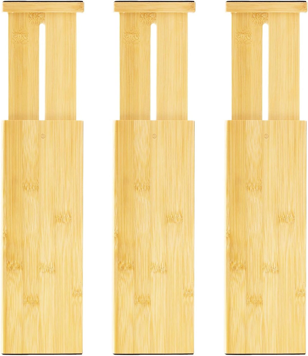 VaeFae Paquete de 3 separadores de cajones de bambú, organizadores de cajones ajustables de 4" de alto 11.9-17.1", separadores expansibles para almacenamiento en dormitorio/baño/cocina/oficina