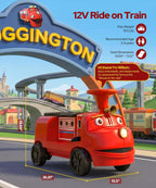 Chuggington - Tren de 2 plazas sin rieles, con licencia de 12 V, para niños de 3 años en adelante, con espacio de almacenamiento, silbato, LED, música, 2 velocidades máximas, 150 libras, rojo
