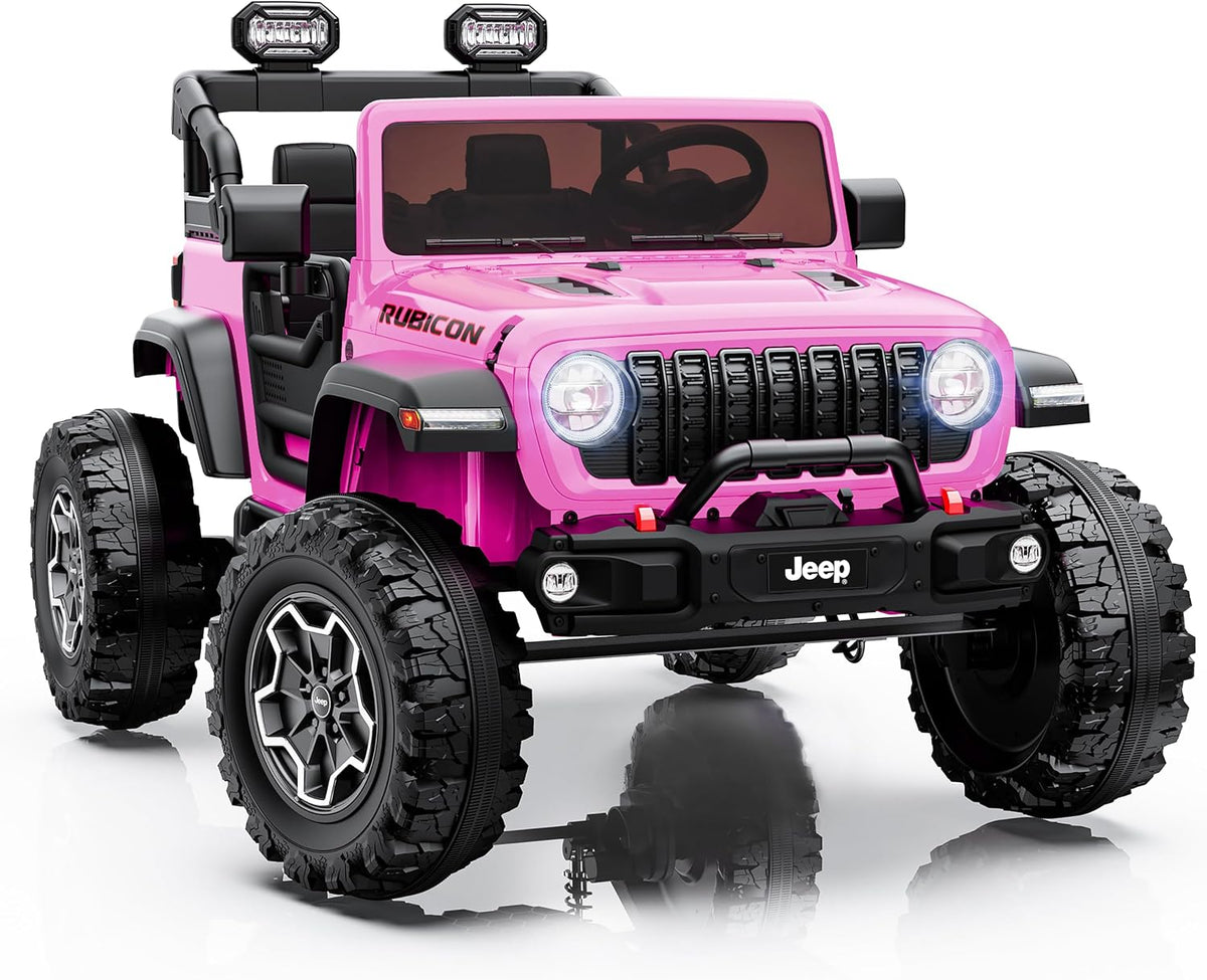 First Ride On Auto eléctrico grande de 24 V y 2 plazas para niños, Jeep Wrangler Rubicon con licencia, vehículo Jeep con neumáticos de gran tamaño de 14.5 pulgadas, cinturón de seguridad, control