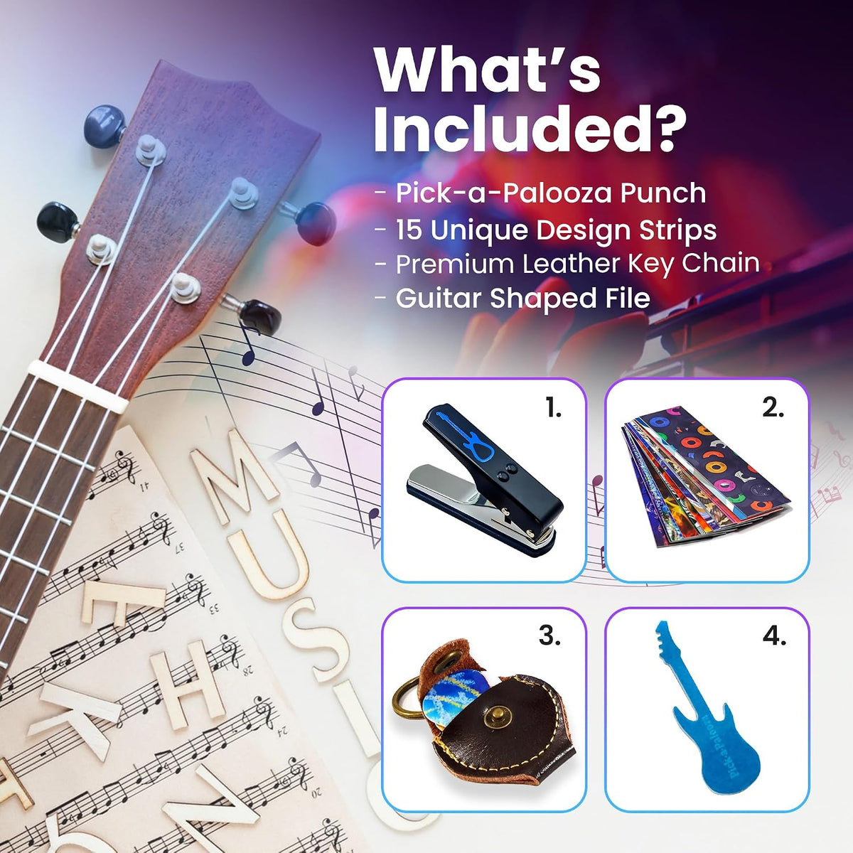 Gran kit de Pick-a-Palooza para hacer tus propias púas para guitarra, para regalo. Dispositivo prémium para fabricar púas. Cadena de cuero porta púas. 15 tiras para hacer púas, más una lima en forma de guitarra. Color azul, Azul/Plateado