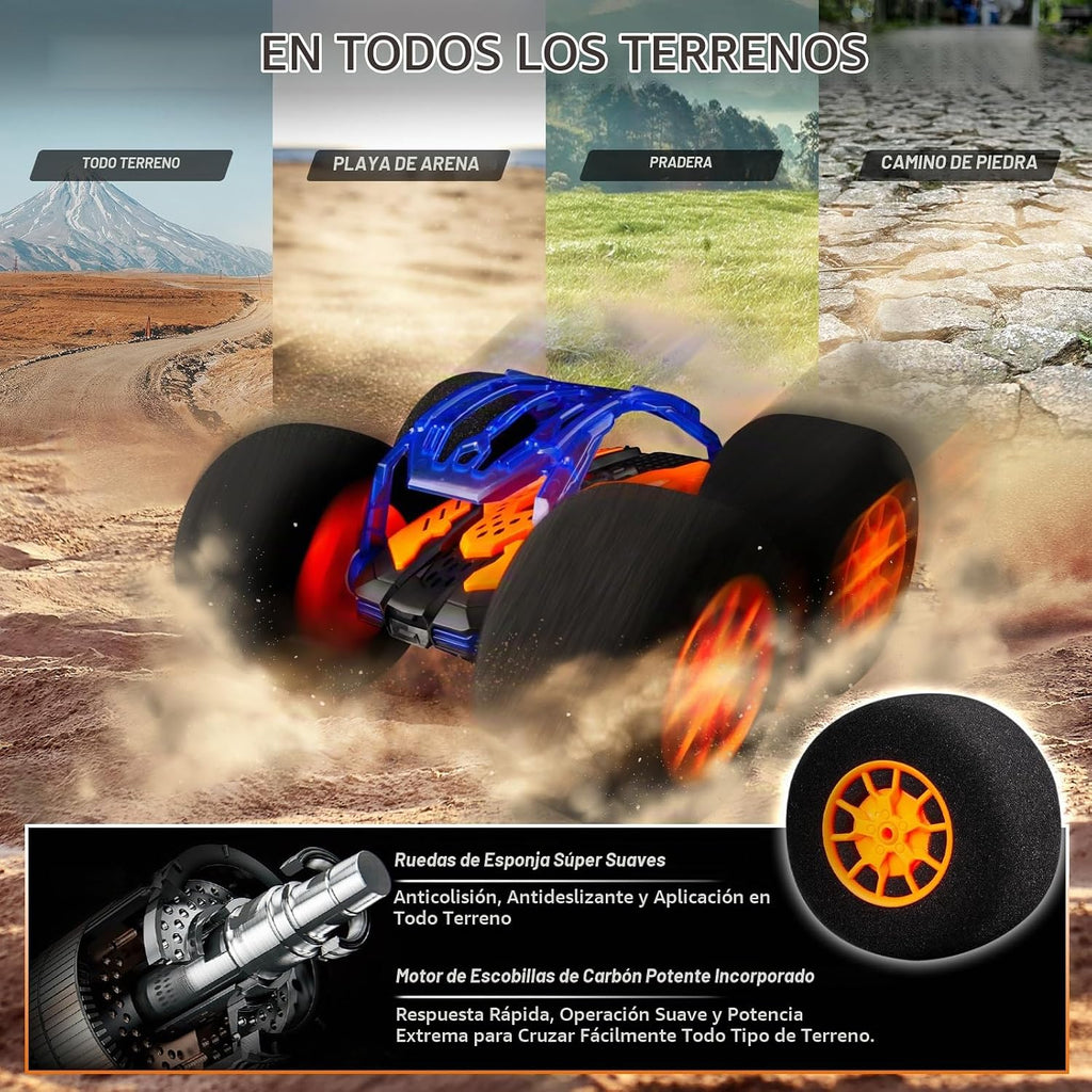 Coches de acrobacias RC de interior con control remoto y juguetes con ruedas suaves, coches RC para niños, interior y exterior, con faro LED y acrobacias locas, volteos de 360°, vehículo de doble cara