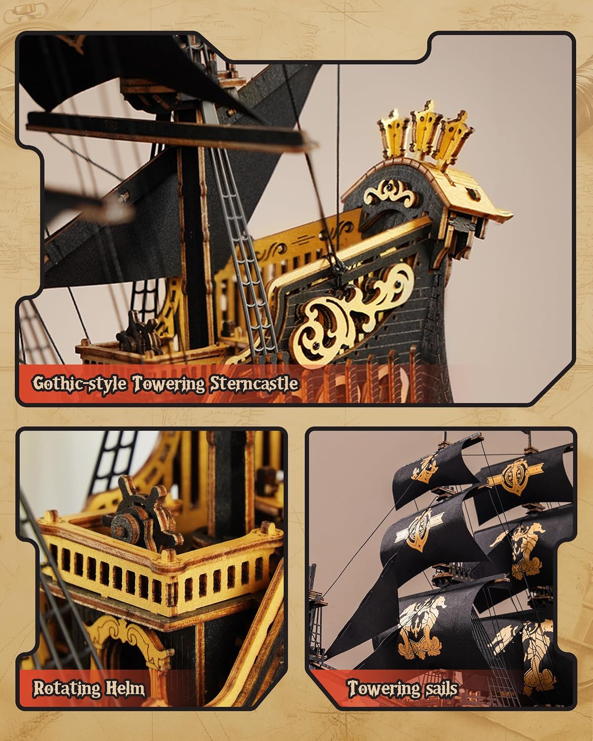 ROBOTIME Rompecabezas de madera 3D de caballito de mar para adultos, kits de modelo de velero negro para niños y hombres, decoración de oficina en casa, regalos de construcción de barcos piratas (603