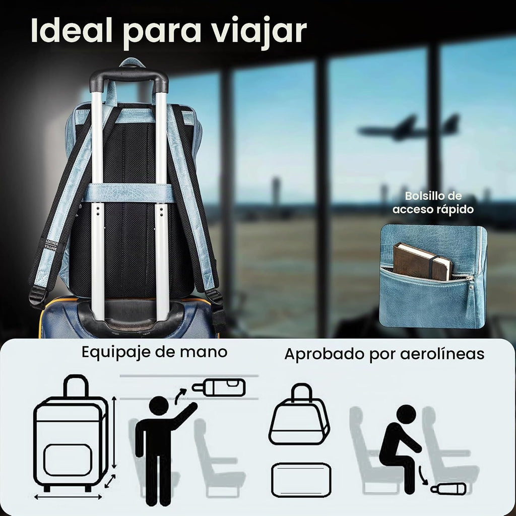 LEATHER VILLAGE Mochila de cuero para computadora portátil para hombres con correa de carretilla 16L Slim