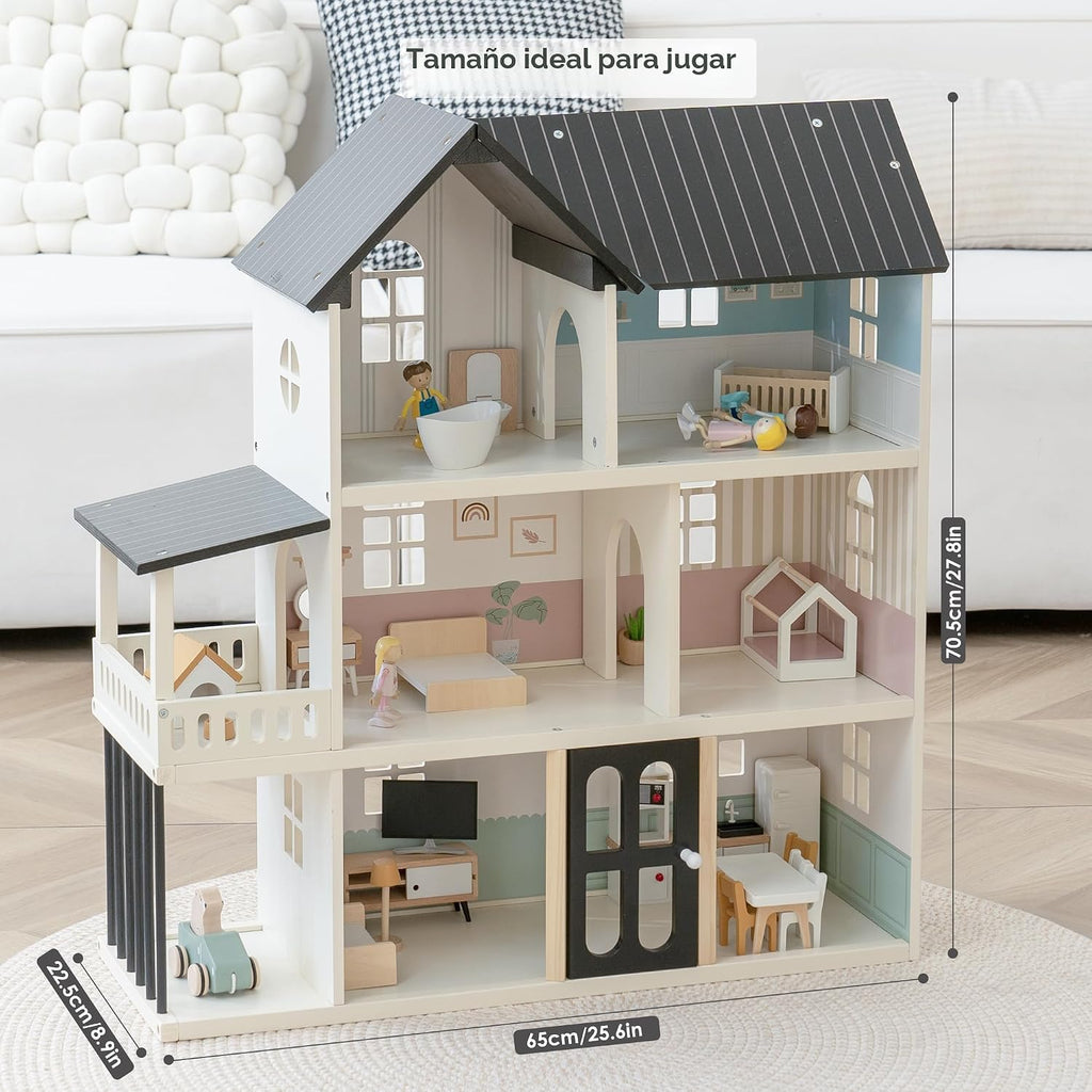 Casa de muñecas de madera para niños, juego de casa de muñecas de juguete de estilo moderno de 6 habitaciones