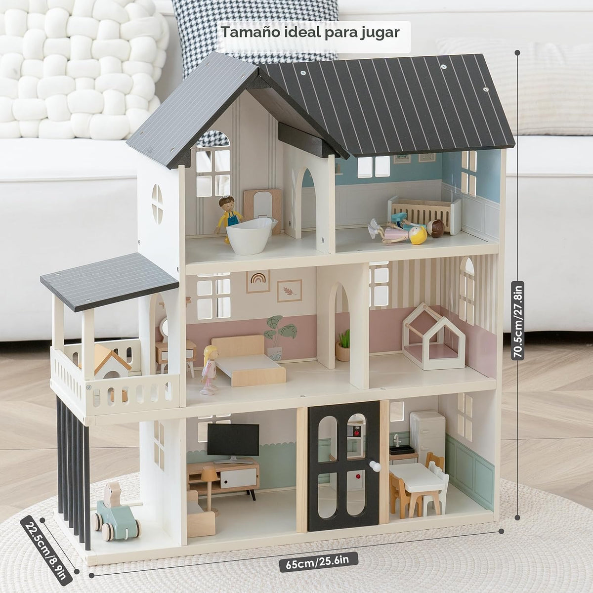 Casa de muñecas de madera para niños, juego de casa de muñecas de juguete de estilo moderno de 6 habitaciones