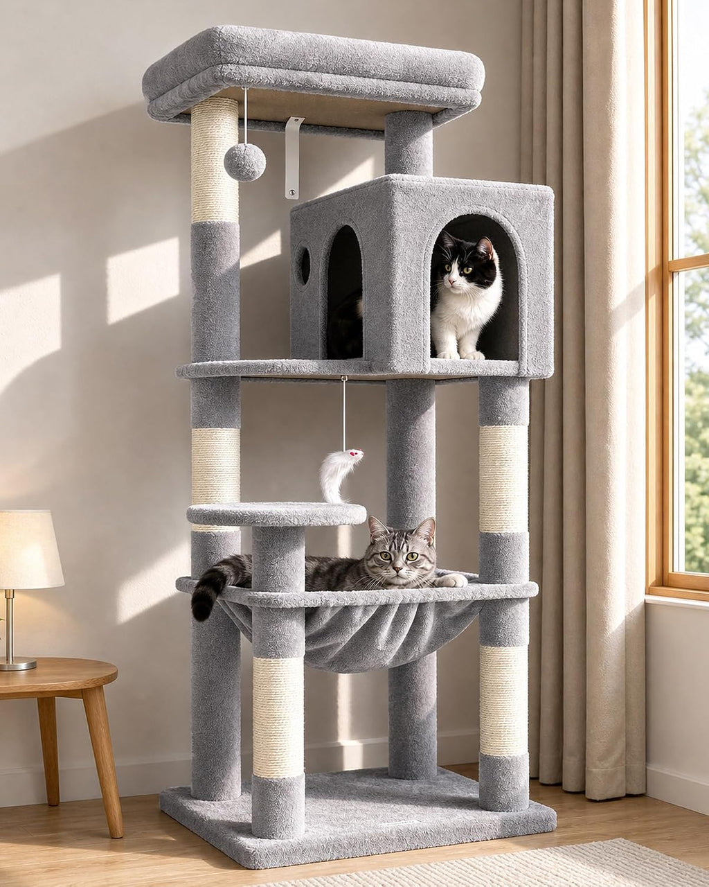 Globlazer - Árbol para gatos con torre y poste para rascar para gatos de interior, de 53 pulgadas de altura; casa de gatos de varios niveles de felpa con hamaca grande, cueva espaciosa para gatos