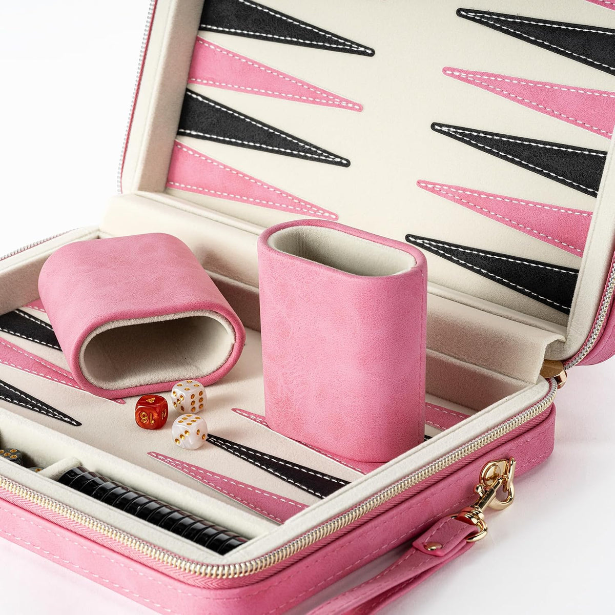 Juegos de backgammon para adultos, juego de mesa clásico con estuche de backgammon plegable de cuero sintético, juego de backgammon portátil de viaje (rosa)