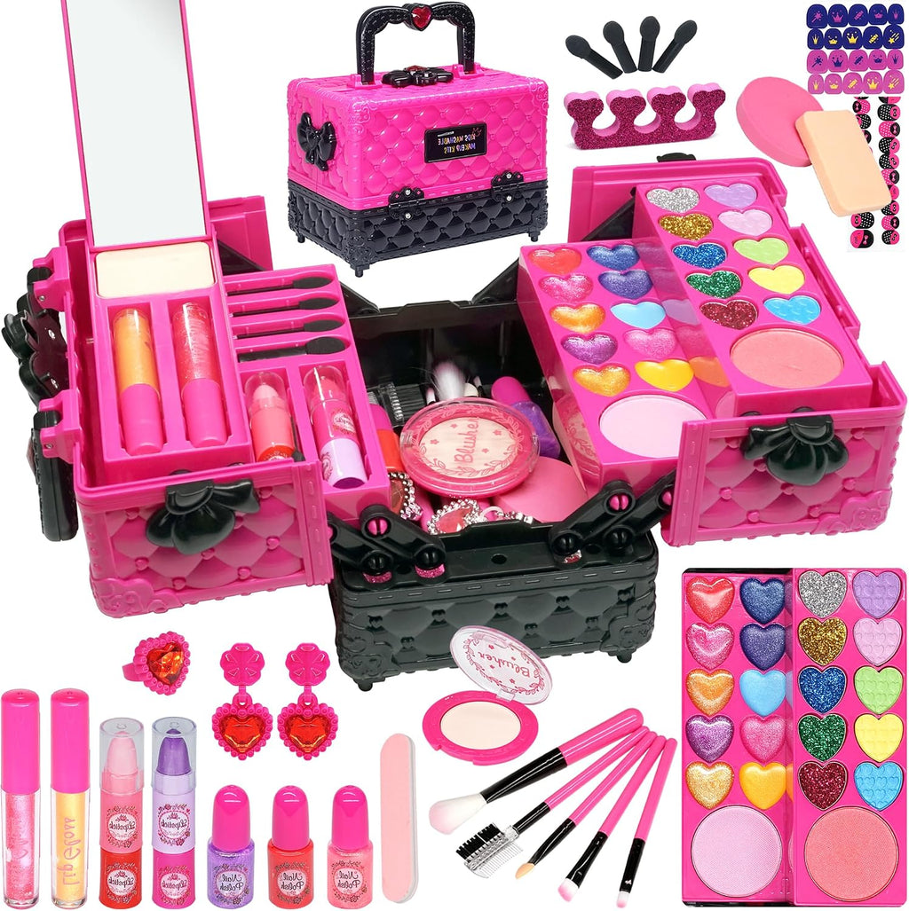 Kit de maquillaje para niñas – 52 piezas de maquillaje seguro y lavable para niños, kit de maquillaje real para niñas, kit de maquillaje para niñas con estuche de cosméticos, juguetes para niñas de 4
