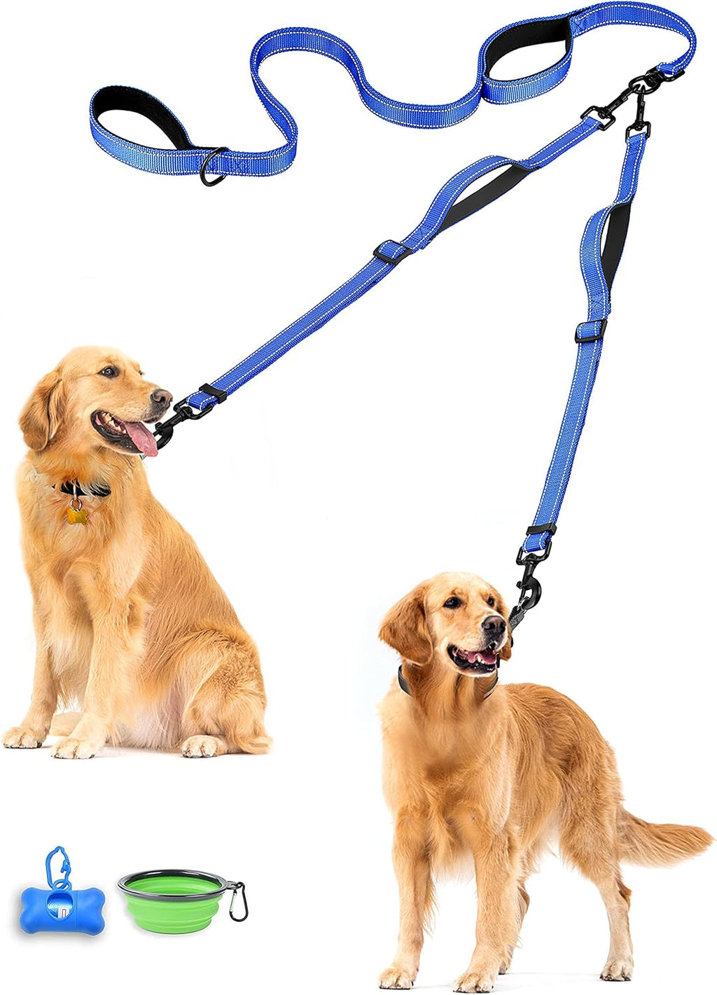 Correa doble para perros, sin enredos, doble correa, correa reflectante para entrenamiento y paseo, 4 asas acolchadas cómodas para 2 perros con tazón plegable y bolsas de desecho (Azul