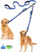 Correa doble para perros, sin enredos, doble correa, correa reflectante para entrenamiento y paseo, 4 asas acolchadas cómodas para 2 perros con tazón plegable y bolsas de desecho (Azul