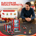 Juego de construcción de estación de bomberos de ciudad, modelo de sede del departamento de bomberos con camión de bomberos, helicóptero y dron de rescate, kit de construcción coleccionable