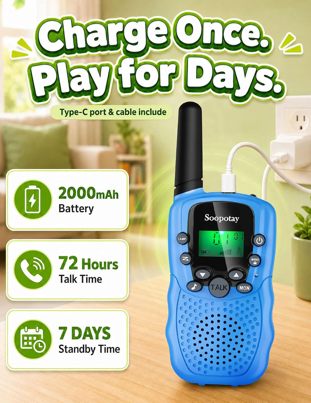 Rechargeable Walkie Talkies para Kids 3 Pack, Walkie Talkie Toys para Girls Boys, Outdoor Toys/Outside Camping Games para Kids Age 4-8-12, Birthday Gifts para 4 5 6 7 8 9 10 Year Old (Blue Pink Green)