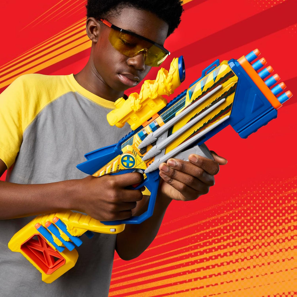 Nerf Marvel Wolverine Blaster, alcance, almacenamiento de 6 dardos, acción de bomba, 12 dardos Nerf Elite, regalos para niños a partir de 8 años