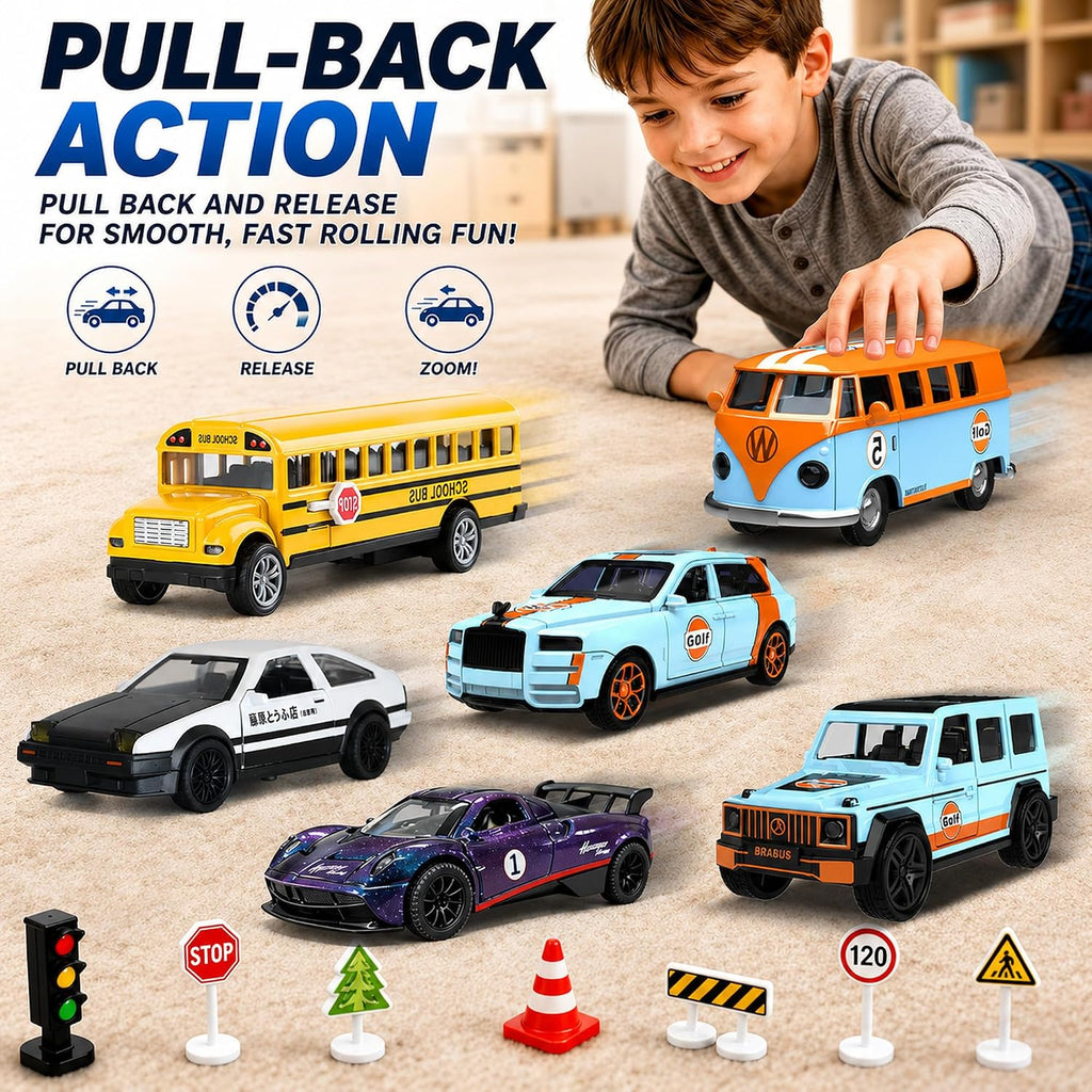 Juguetes de camión de aleación 1:32 para niños, 6 unidades de autos fundidos a presión con mapa de ruta, señales de tráfico y luz, juego de vehículos de juguete, cumpleaños para niños y niñas