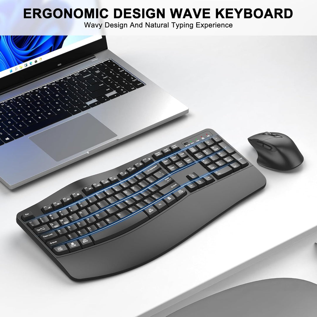 Combo de teclado y mouse inalámbricos, teclado ergonómico de tamaño...