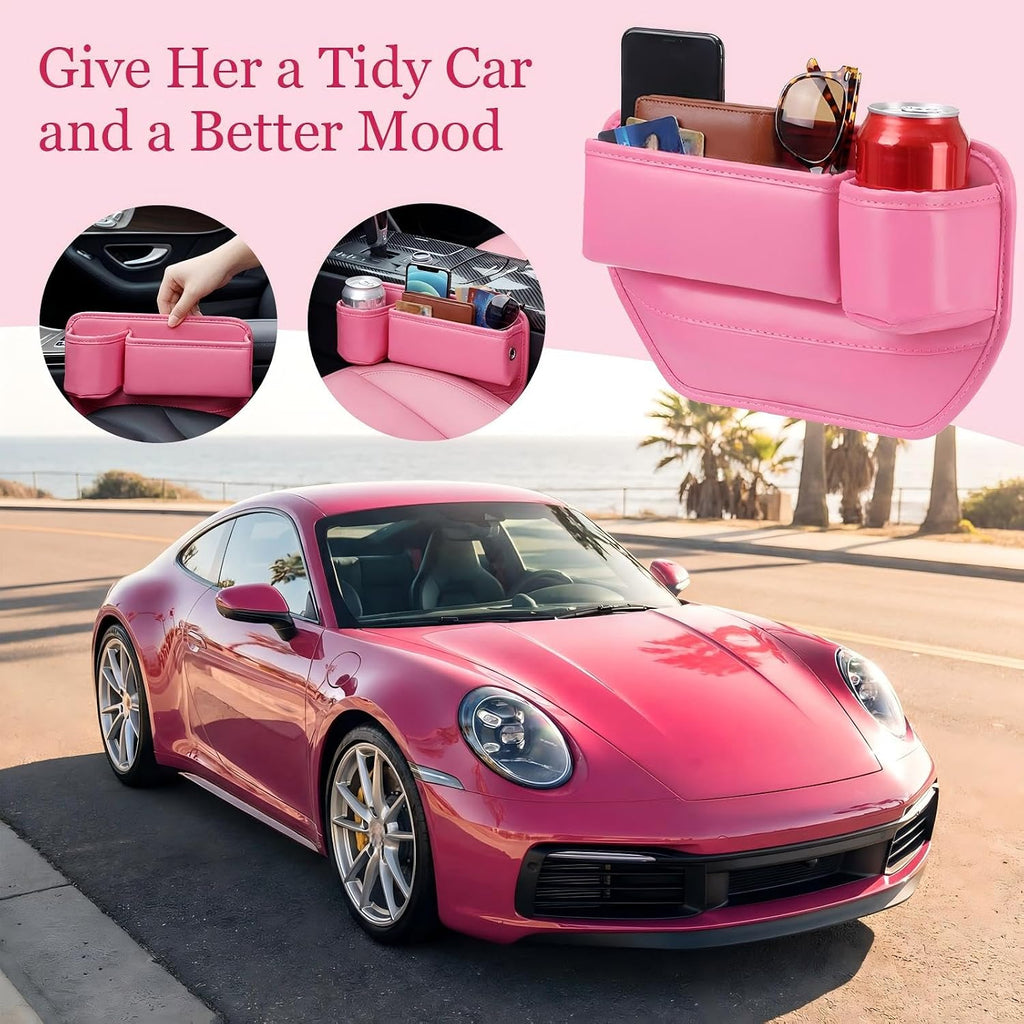 Aliceset Paquete de 2 organizadores de asiento de automóvil rosa con portavasos y organizador de cuero para llaves, tarjetas, teléfono, gafas de sol y artículos pequeños