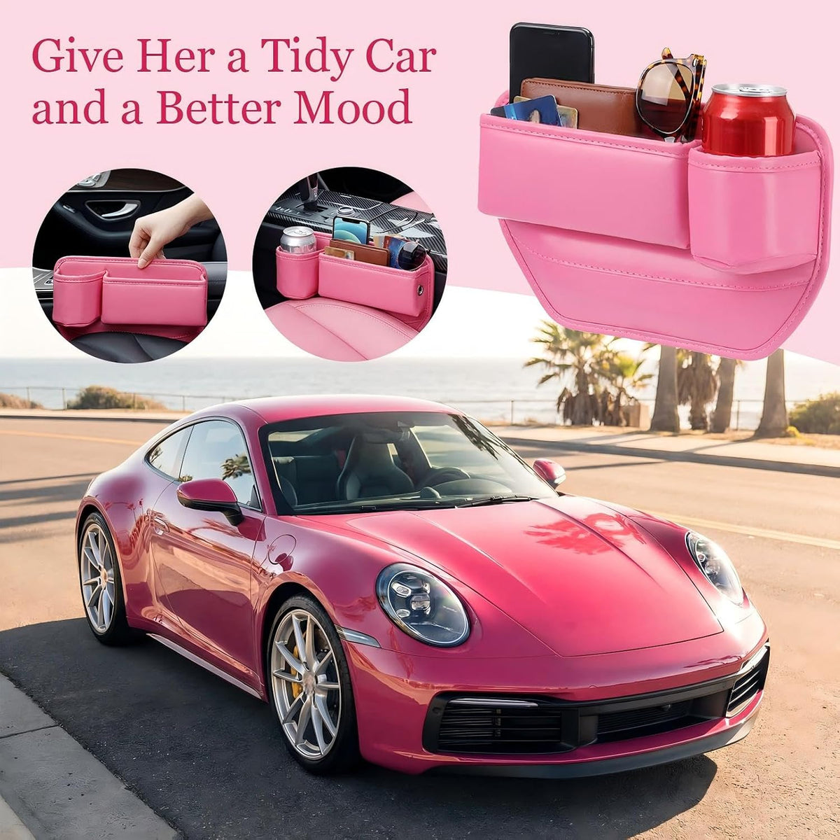 Aliceset Paquete de 2 organizadores de asiento de automóvil rosa con portavasos y organizador de cuero para llaves, tarjetas, teléfono, gafas de sol y artículos pequeños
