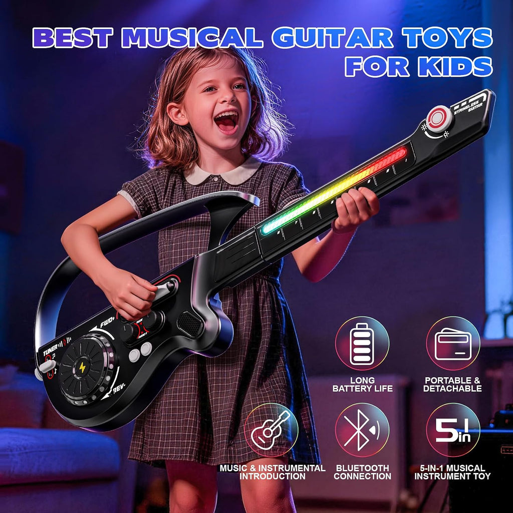 Guitarra eléctrica multifuncional de 27.6 pulgadas para niños, instrumento musical recargable 4 en 1 con luz LED, Bluetooth, mezclador de DJ, negro
