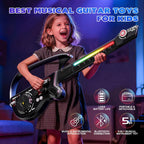 Guitarra eléctrica multifuncional de 27.6 pulgadas para niños, instrumento musical recargable 4 en 1 con luz LED, Bluetooth, mezclador de DJ, negro