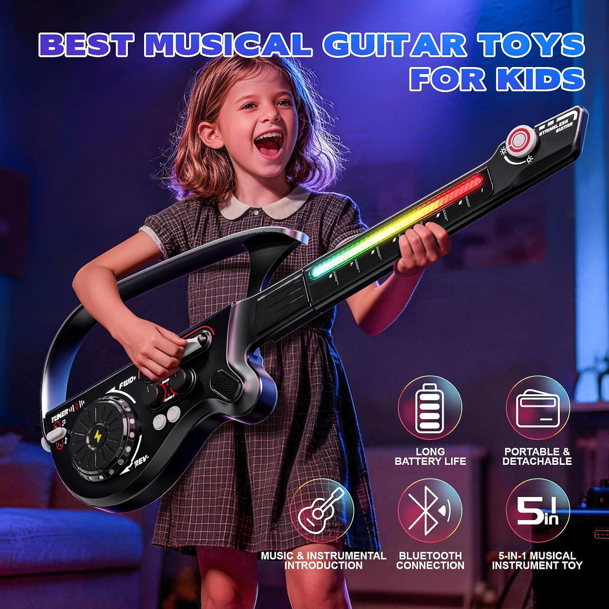 Guitarra eléctrica multifuncional de 27.6 pulgadas para niños, instrumento musical recargable 4 en 1 con luz LED, Bluetooth, mezclador de DJ, negro