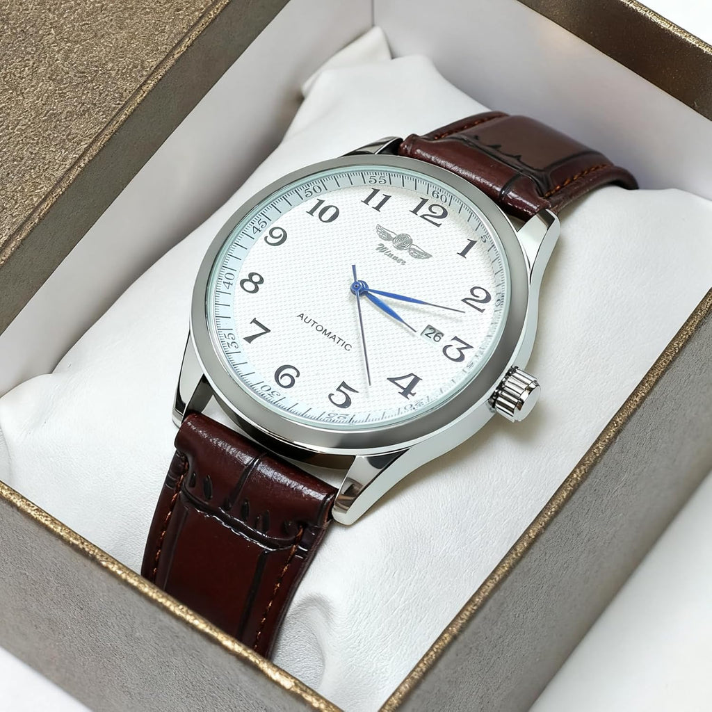 Gute Reloj para hombre, esqueleto mecánico, steampunk, automático, automático, números arábigos, manos azules, marrón, cuero sintético, reloj de pulsera, Marrón, Mecánico, Automático