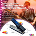 Gran kit de Pick-a-Palooza para hacer tus propias púas para guitarra, para regalo. Dispositivo prémium para fabricar púas. Cadena de cuero porta púas. 15 tiras para hacer púas, más una lima en forma de guitarra. Color azul, Azul/Plateado