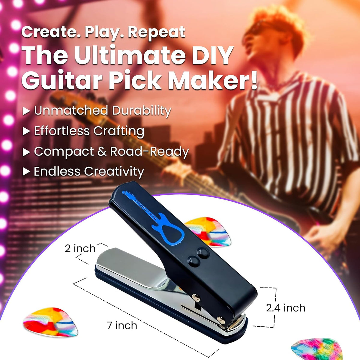 Gran kit de Pick-a-Palooza para hacer tus propias púas para guitarra, para regalo. Dispositivo prémium para fabricar púas. Cadena de cuero porta púas. 15 tiras para hacer púas, más una lima en forma de guitarra. Color azul, Azul/Plateado