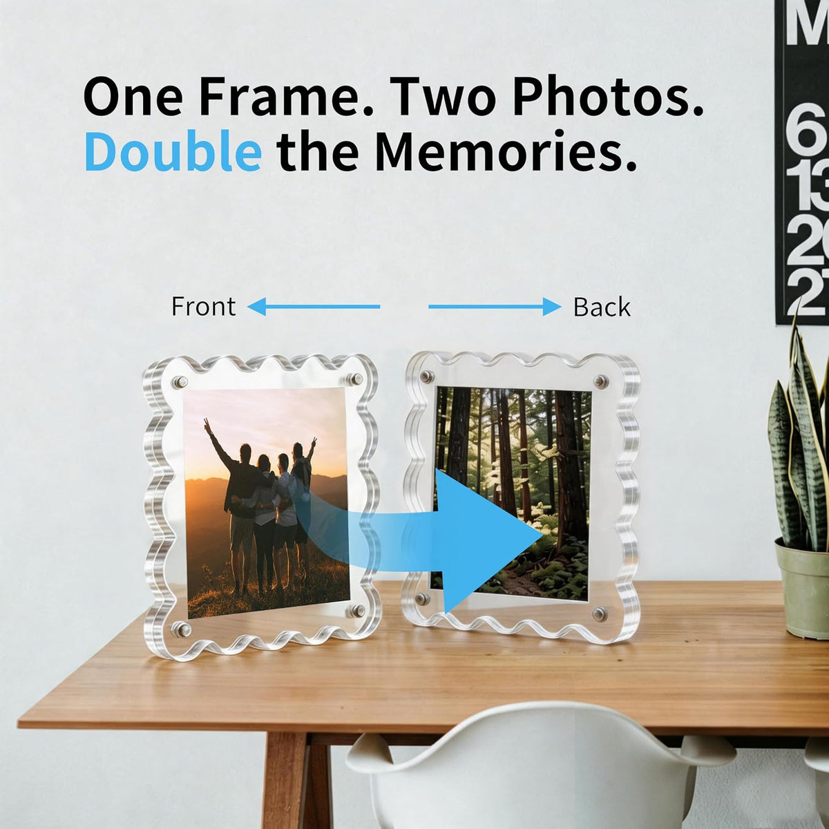 Paquete de 3 portarretratos magnéticos acrílicos de 4 x 4, marcos de fotos de acrílico festoneado, marco de fotos transparente de doble cara para escritorio, marco de fotos magnético
