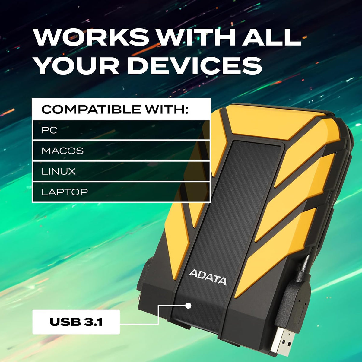ADATA HD710 Pro, disco duro externo, amarillo, 2TB