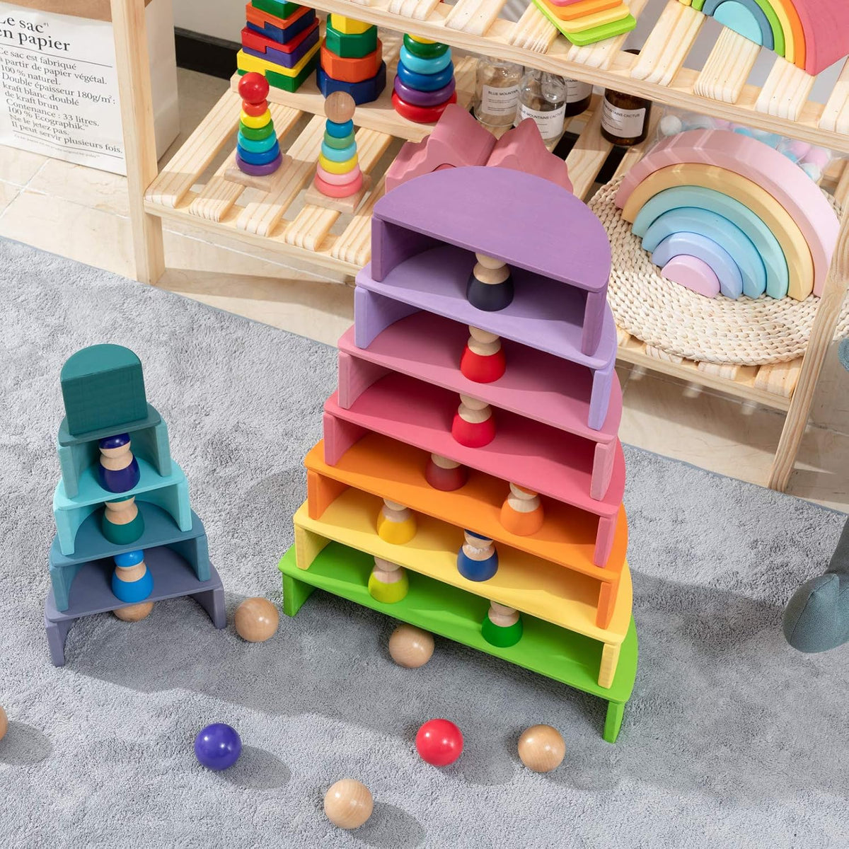 Juguete apilable de madera de arco iris, apilador de 12 piezas, bloques de construcción de rompecabezas de anidación extragrandes, juguetes educativos para niños pequeños