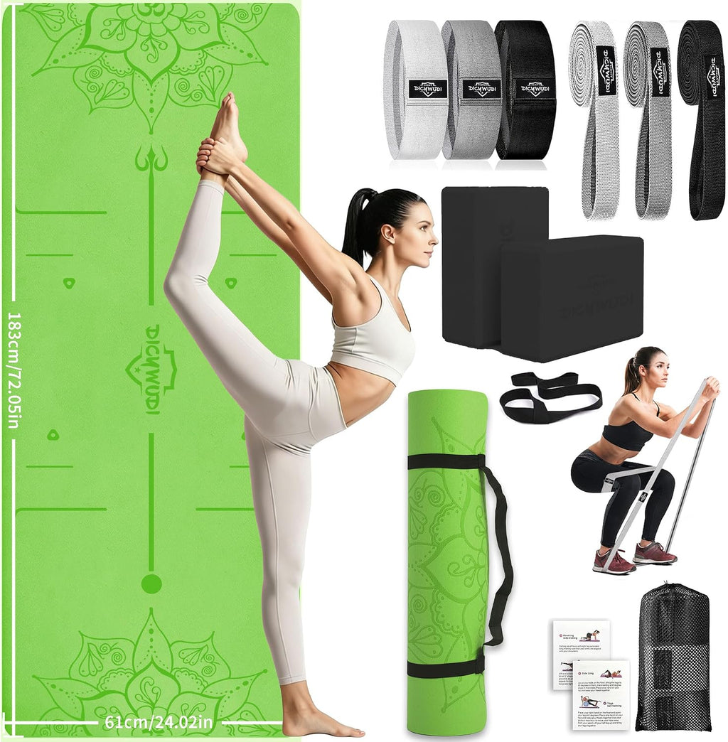 Alfombrilla de yoga gruesa, 6 bandas de resistencia de tela, paquete de 2 bloques de yoga, equipo de entrenamiento en casa, kit básico de inicio para principiantes de tonificación de cuerpo