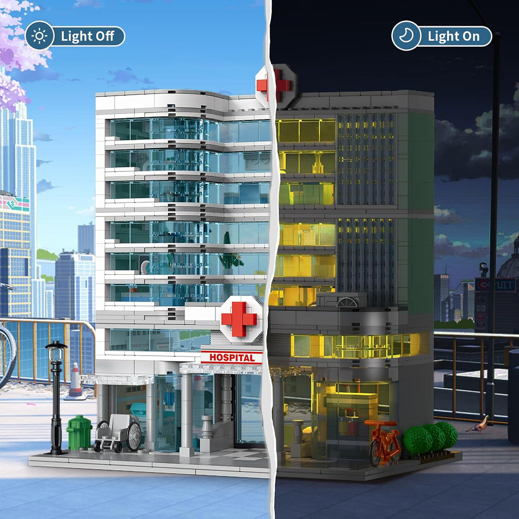 NEWABWN City Hospital Building Set 1350pc LED Lighting Modular Architecture