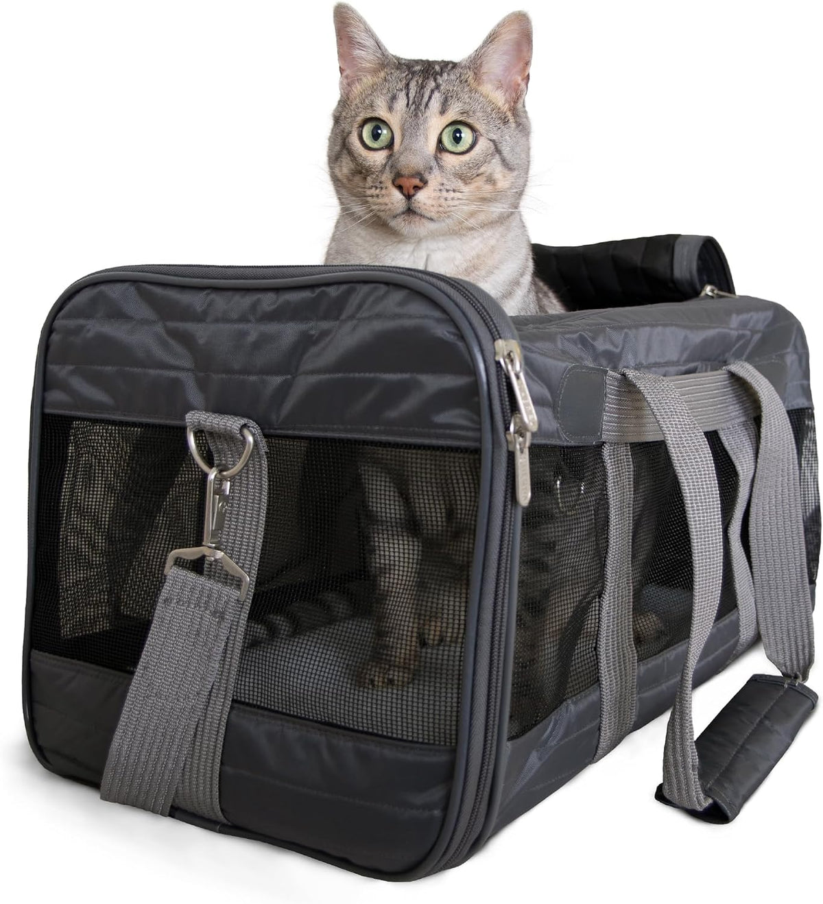 Sherpa Transportador de mascotas aprobado por aerolíneas con marco de alambre de resorte, transportador de gatos y perros para viajes de aerolíneas y visitas al veterinario, ventilación de malla, cremalleras de bloqueo, gris carbón, grande
