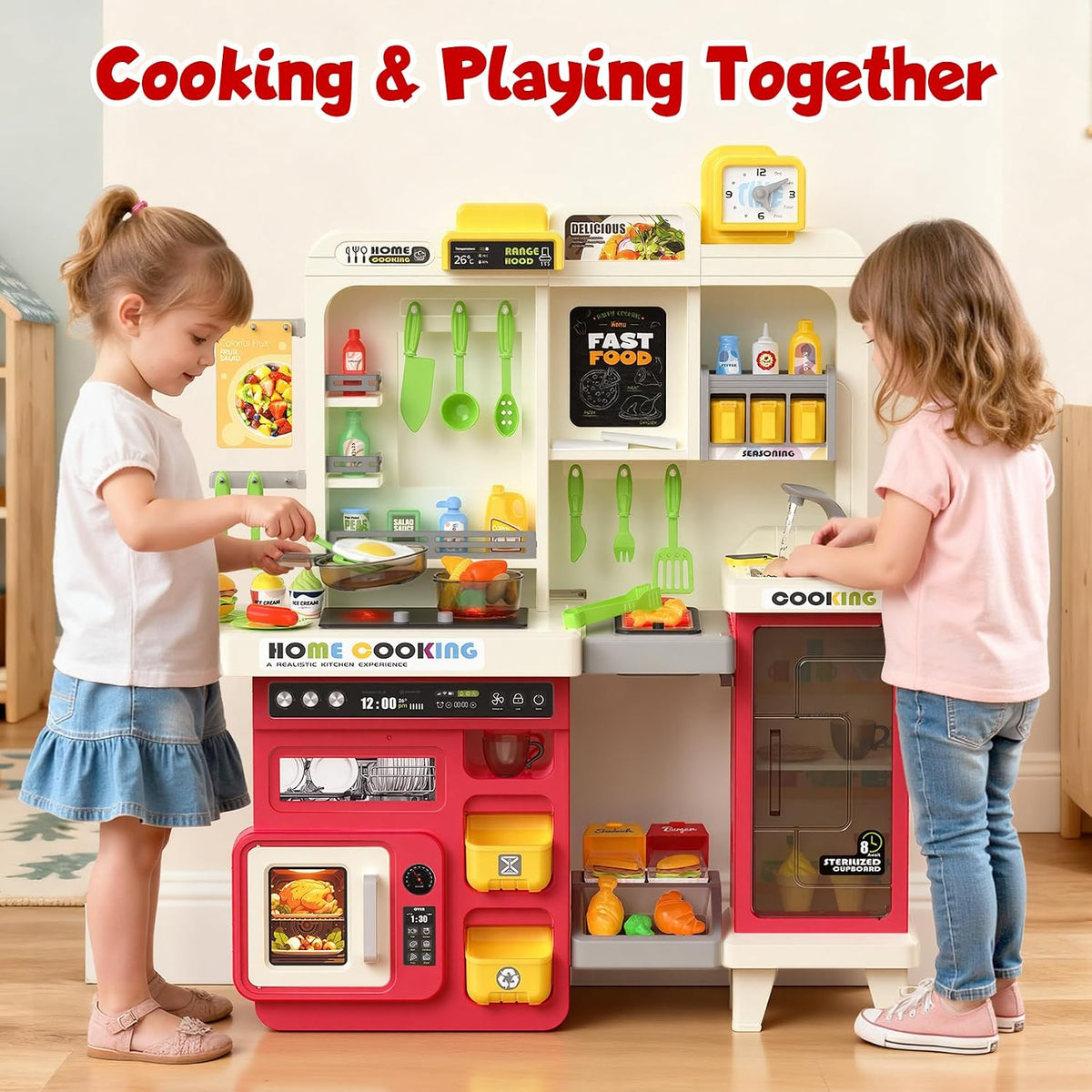 Juego de cocina para niños con luces, sonidos y vapor, juego de cocina grande para niños pequeños con fregadero, parrilla, juegos de comida para niños, accesorios de cocina de juguete, juego de cocina con bolsa de almacenamiento