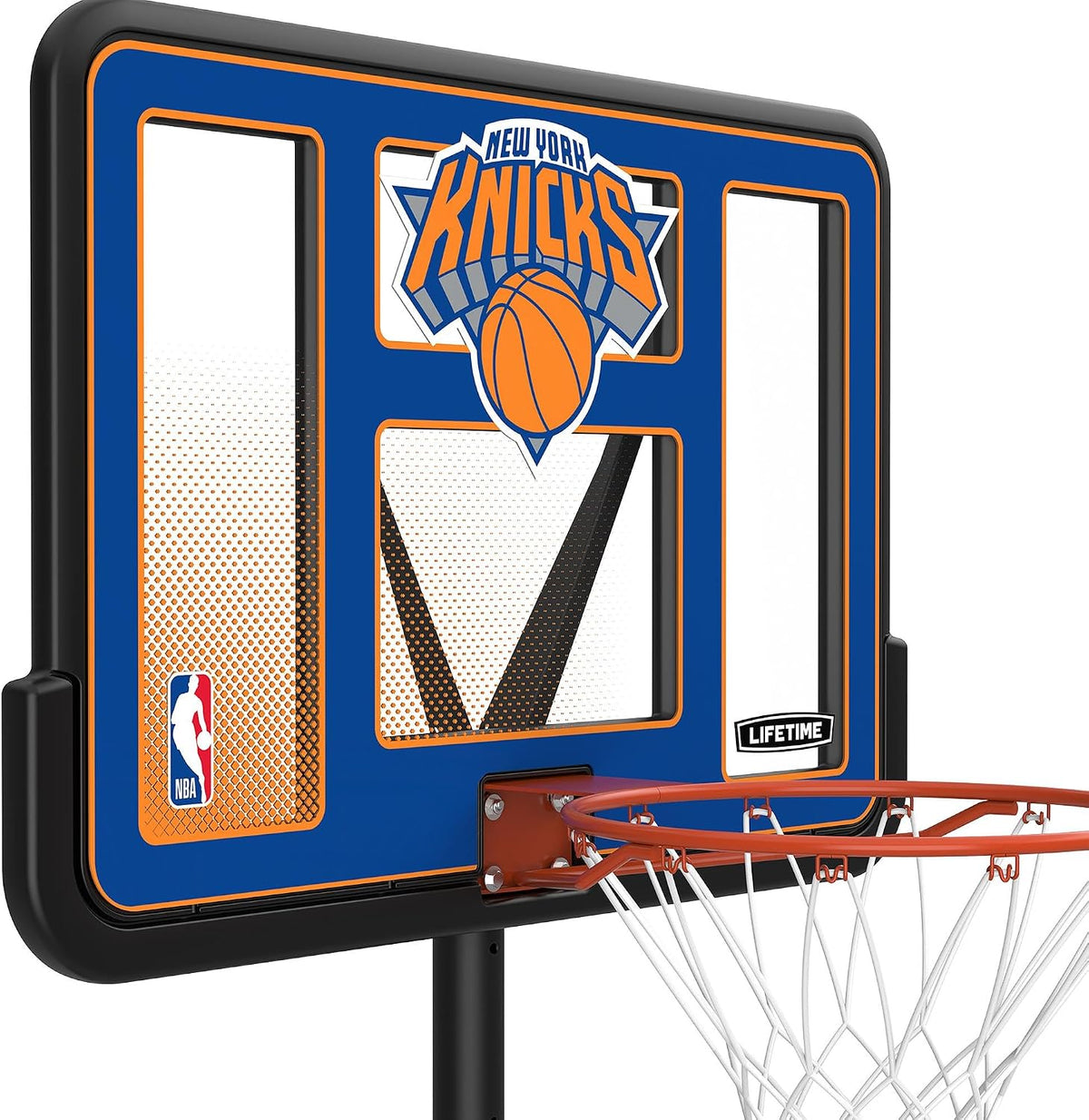 Lifetime NBA New York Knicks - Aro de baloncesto portátil, altura ajustable de 7.5 a 10 pies, tablero de fusión inastillable de 44 pulgadas, base con ruedas