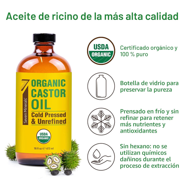 Seven Minerals Nuevo Aceite de Ricino Orgánico Prensado en Frío Sin...