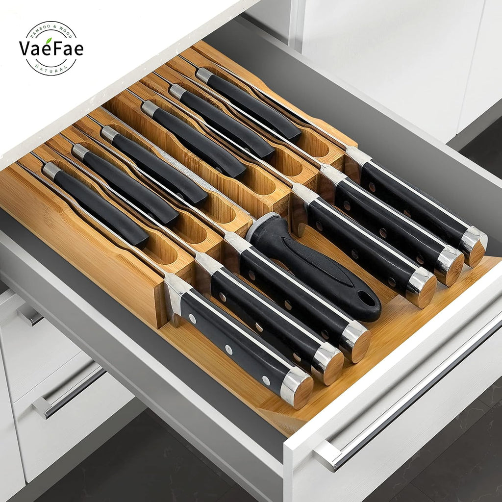 VaeFae Organizador de cajones de cuchillos de bambú, organizador de cajones de cuchillos, bloque de cuchillos de cocina para 12 cuchillos y una ranura PLUS para tu afilador de cuchillos (sin